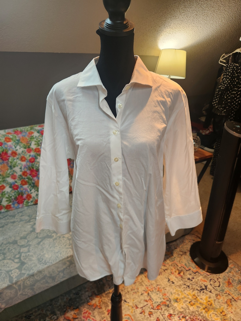 Lands' End White Button-Down Blouse 3/4 Sleeves Size 14 Great Condition